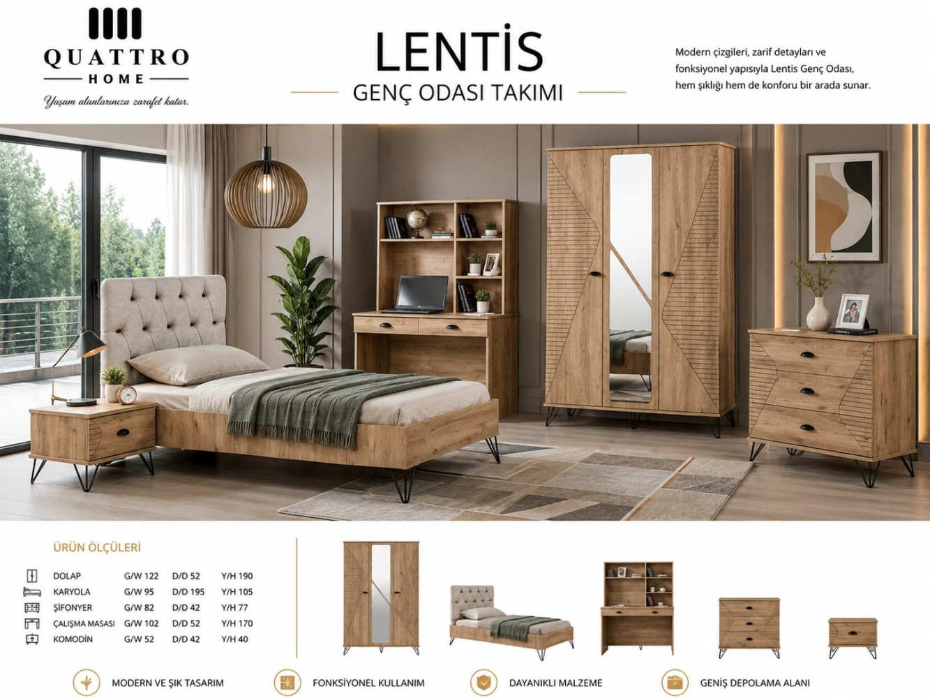 Quattro Home Lentis 5 Parça Genç Odası Takımı – Dolap, Karyola, Çalışma Masası, Şifonyer ve Komodin