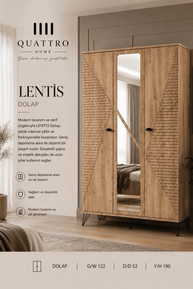 Quattro Home Lentis 3 Kapılı Aynalı Gardırop