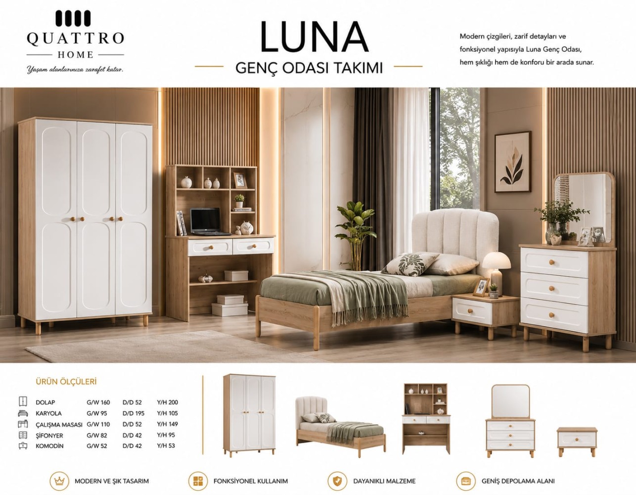 Quattro Home Luna Genç Odası Takımı | Modern ve Fonksiyonel Genç Odası Mobilyası