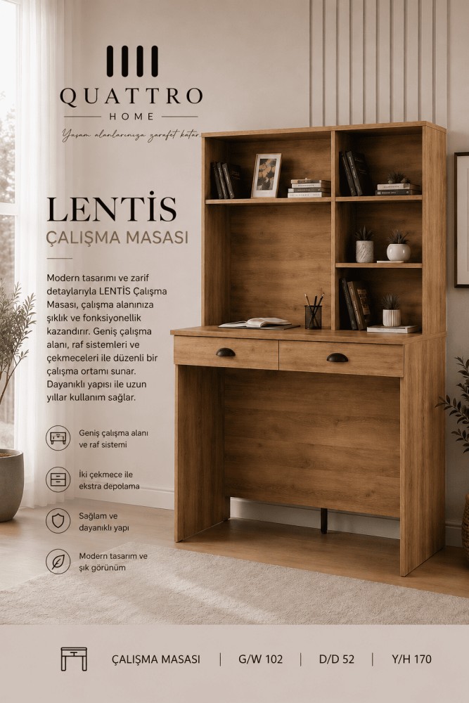 Quattro Home Lentis Kitaplıklı Çalışma Masası Çekmeceli Ahşap Genç Odası Çalışma Masası