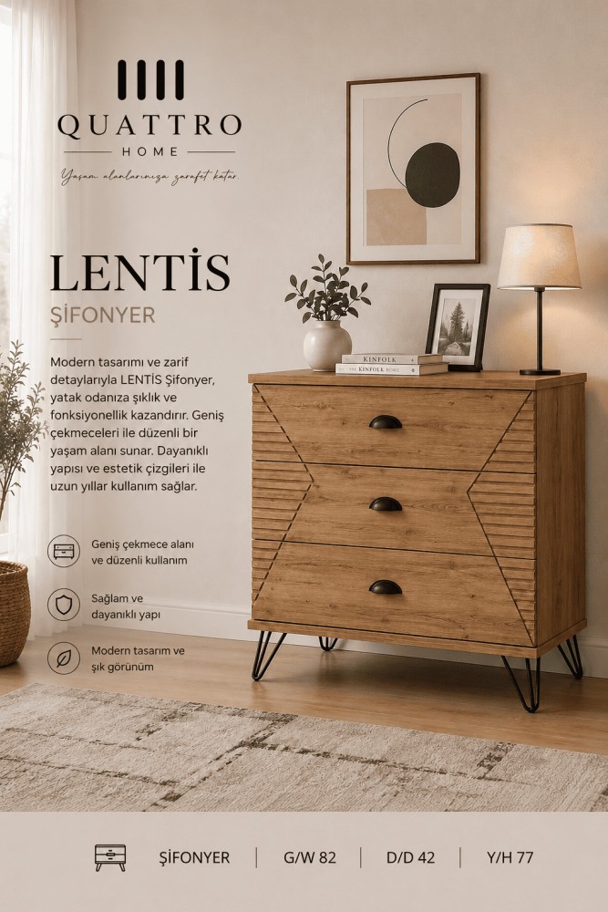 Quattro Home Lentis 3 Çekmeceli Şifonyer Ahşap Desenli Modern Genç Odası Şifonyeri