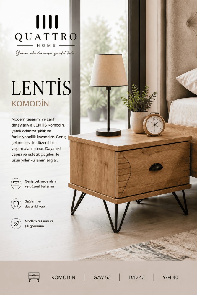 Quattro Home Lentis Tek Çekmeceli Komodin Ahşap Desenli Modern Genç Odası Komodini