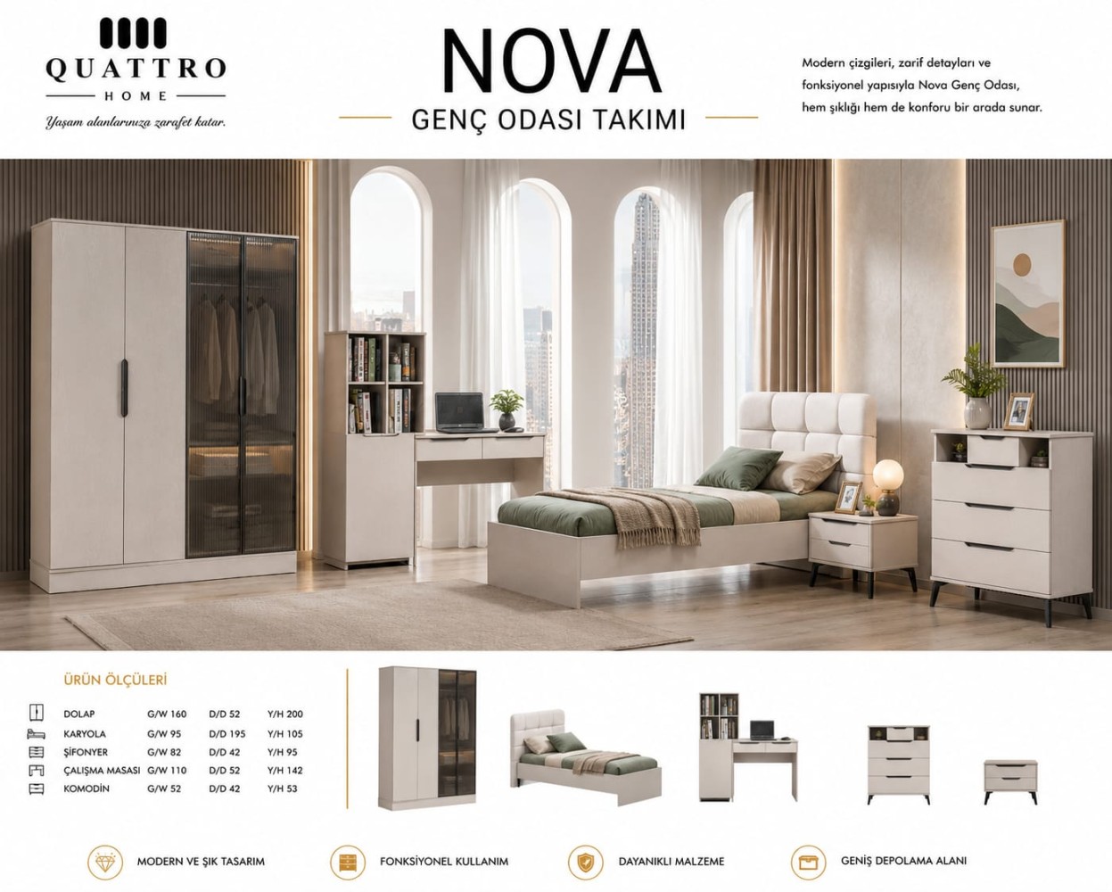 Quattro Home Nova Genç Odası Takımı | Modern ve Fonksiyonel Genç Odası Mobilyası