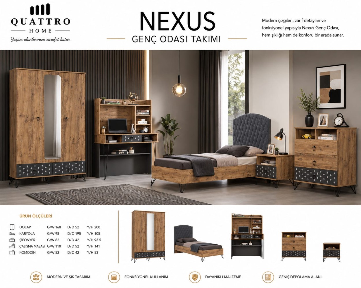Quattro Home Nexus 5 Parça Genç Odası Takımı Aynalı Dolap, Karyola, Çalışma Masası, Şifonyer ve Komodin