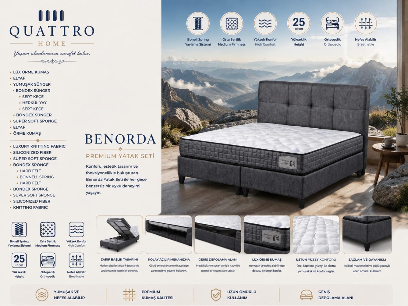 Benorda Premium Yatak Seti Orta Sert Bonel Yaylı Ortopedik Çift Kişilik Yatak Takımı