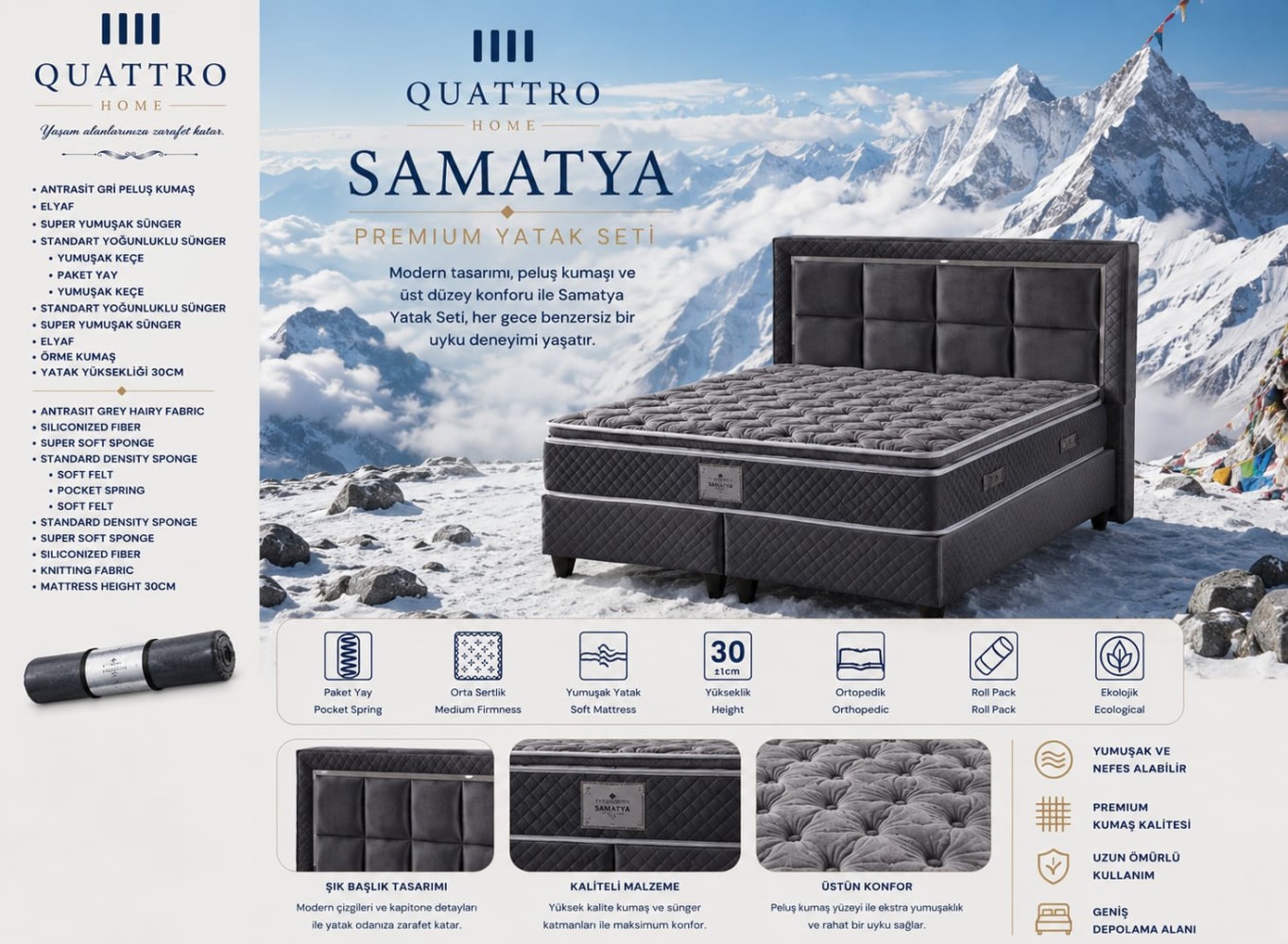 Samatya Premium Çift Kişilik Yatak Seti Ortopedik Pocket Yaylı Sandıklı Baza Başlık Takımı 30 cm