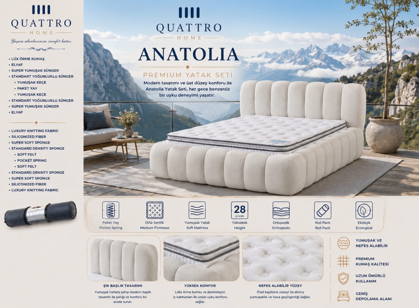 Anatolia Premium Çift Kişilik Yatak Seti Ortopedik Pocket Yaylı Sandıklı Baza Başlık Takımı