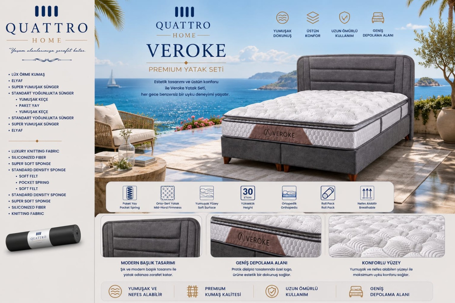 Veroke Premium Çift Kişilik Yatak Seti Ortopedik Pocket Yaylı Sandıklı Baza Başlık Takımı