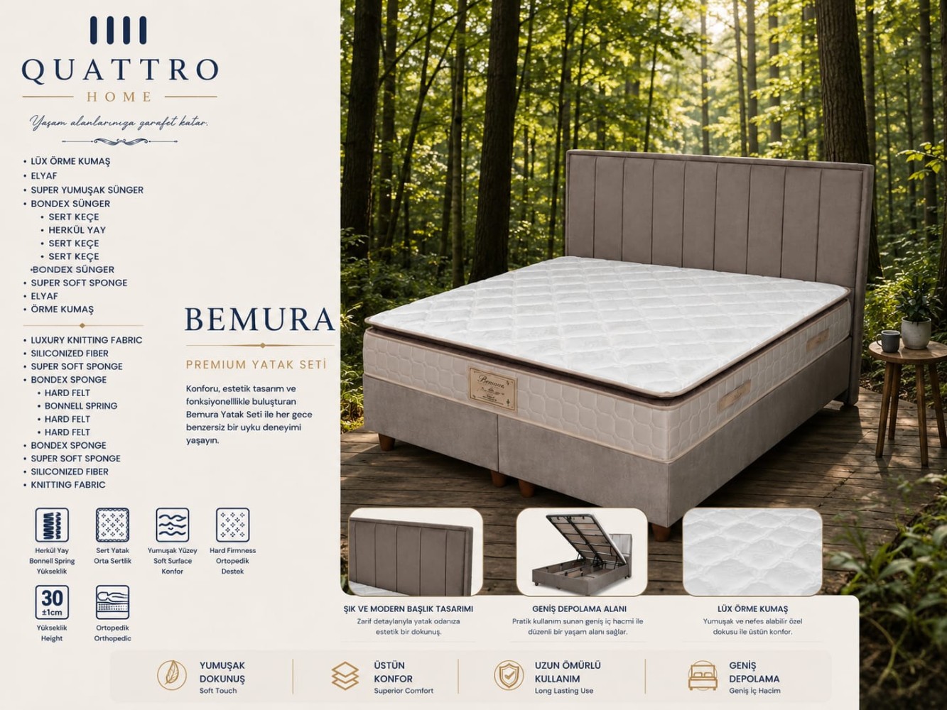 Bemura Premium Yatak Seti Ortopedik Pocket Yaylı Sandıklı Baza Başlık Takımı 30 cm