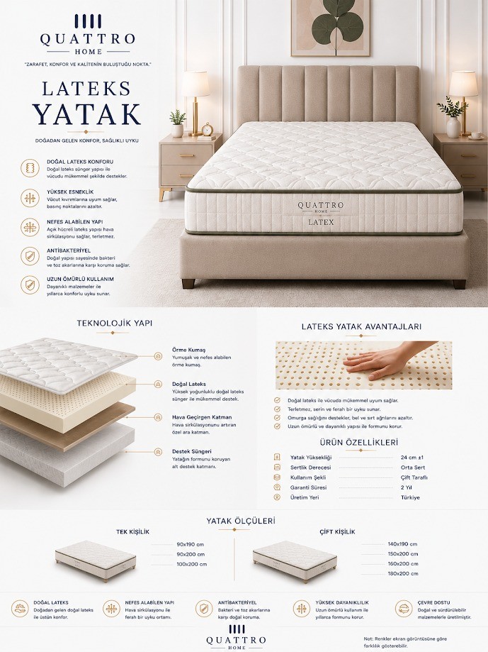 Lateks Yatak Ortopedik Doğal Lateks Çift Taraflı Yatak 24 cm Nefes Alabilen