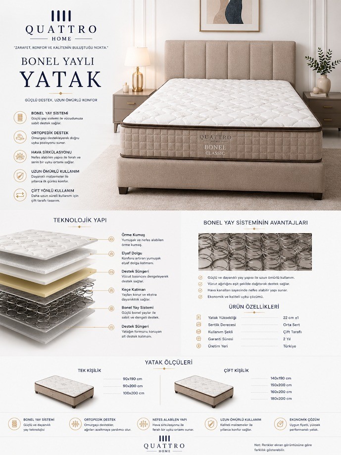 Bonel Classic Ortopedik Yatak Bonel Yaylı Çift Taraflı Yatak Orta Sert 22 cm