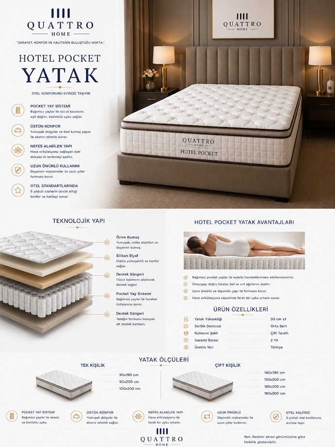Hotel Pocket Çift Kişilik Yatak Ortopedik Pocket Yaylı Çift Taraflı Yatak