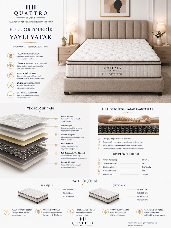 Full Ortopedik Yaylı Yatak Ortopedik Çift Taraflı Sert Yatak 24 cm Bonel Yay Sistemi