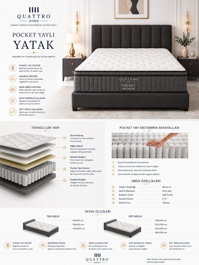 Pocket Premium Yatak Ortopedik Pocket Yaylı Çift Taraflı Yatak 28 cm Orta Sert