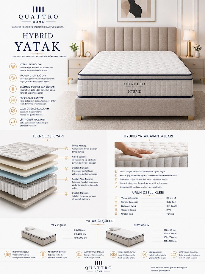 Hybrid Yatak Ortopedik Pocket Yaylı Visco Yatak Çift Taraflı 30 cm Hibrit Yatak