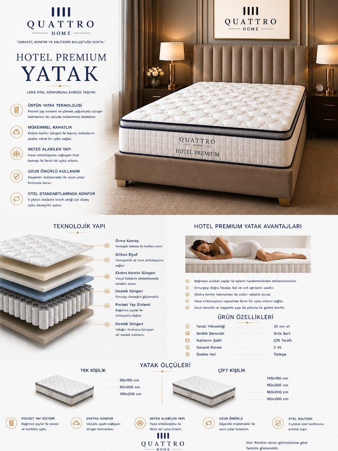 Hotel Premium Yatak Ortopedik Pocket Yaylı Çift Taraflı Yatak 32 cm Otel Konforu