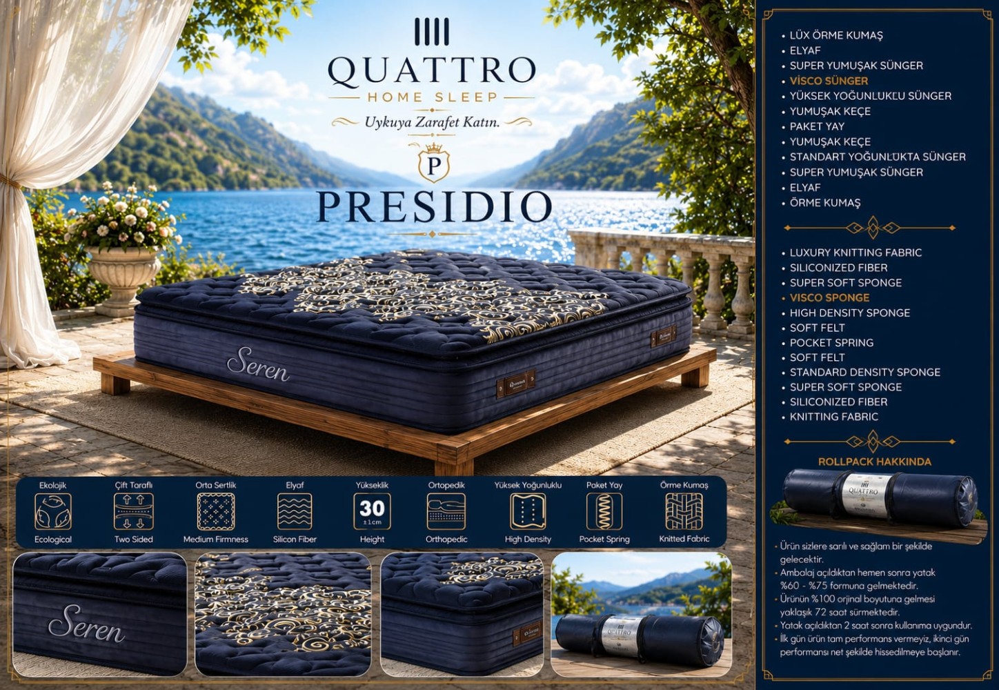 Presidio Pocket Yaylı Visco Yatak Ortopedik Çift Taraflı Yatak 30 cm Roll Pack Orta Sert
