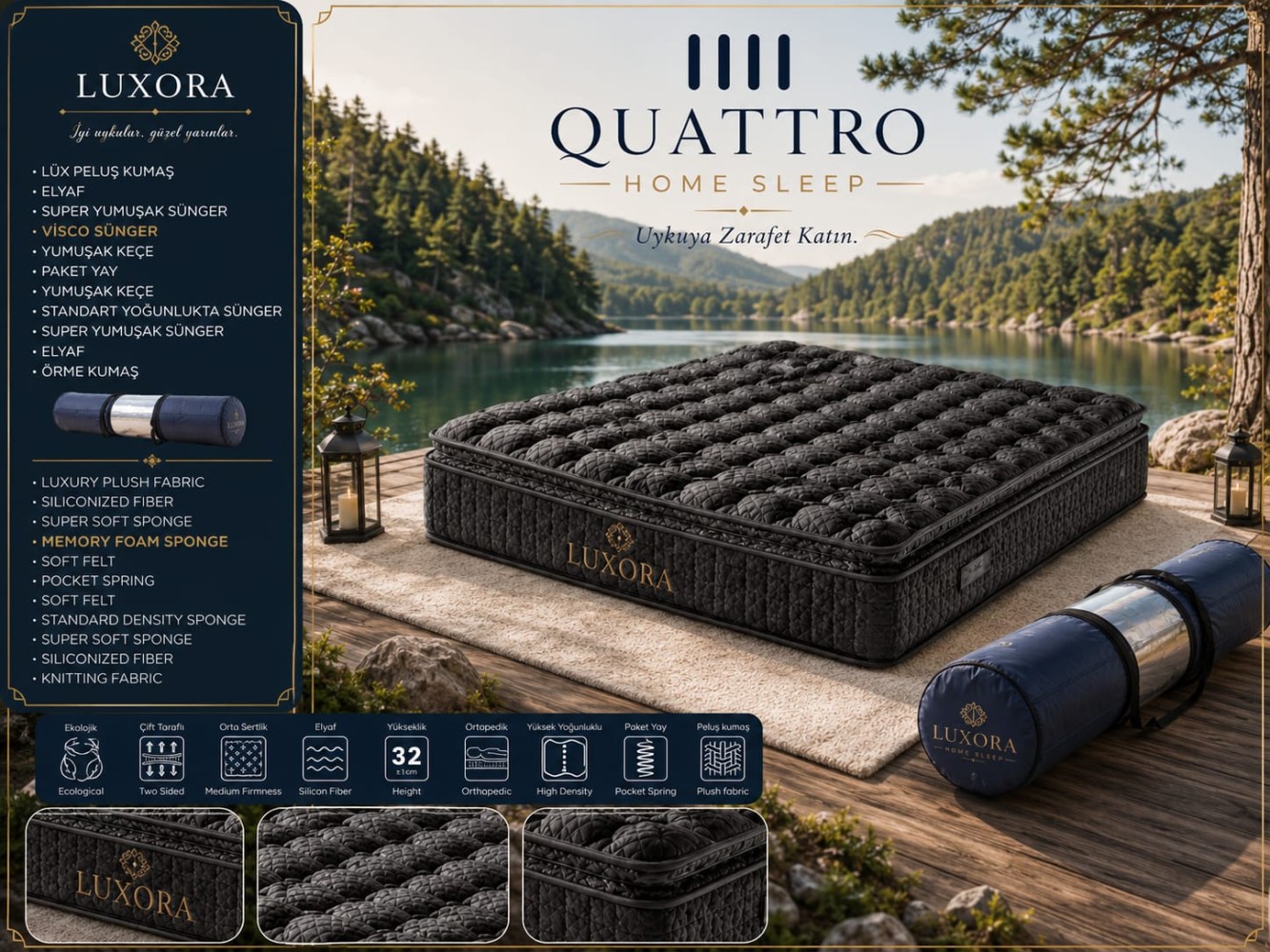 Luxora Visco Yatak Ortopedik Pocket Yaylı Çift Taraflı Yatak 32 cm Peluş Kumaşlı Premium Yatak