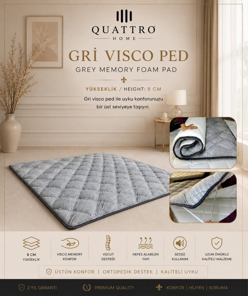 Gri Visco Ped 8 cm Memory Foam Yatak Pedi Ortopedik Visco Şilte Yatak Üstü Konfor Pedi