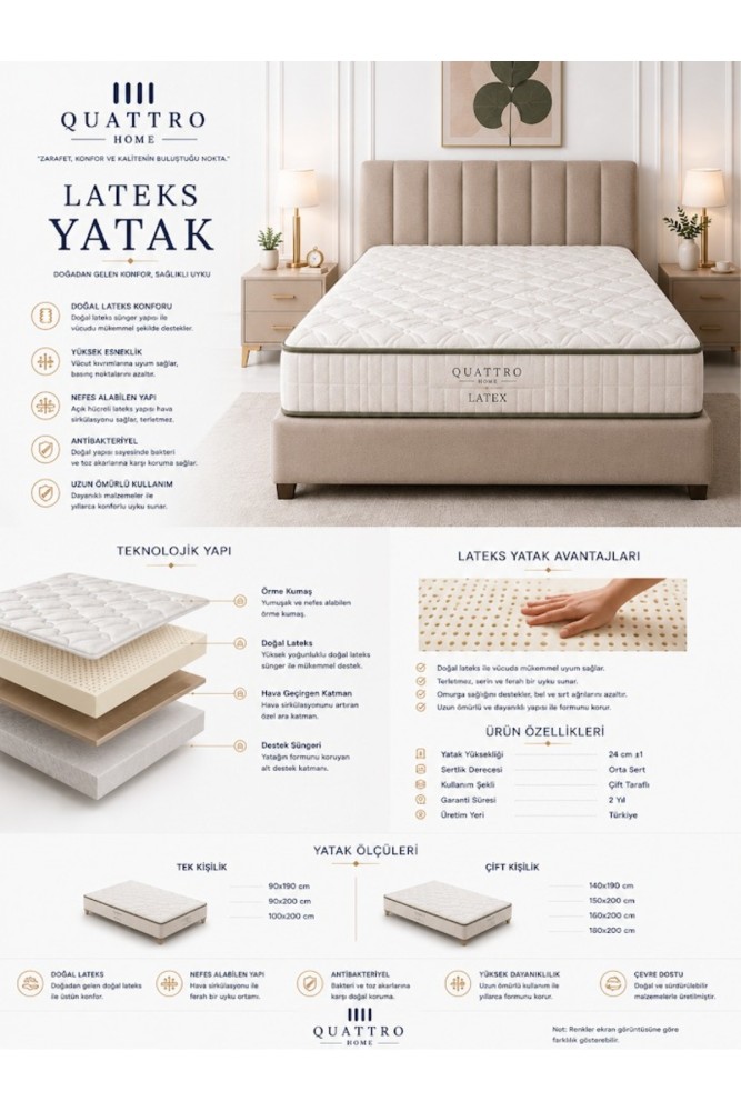 Lateks Çift Kişilik Yatak Ortopedik Doğal Lateks Çift Taraflı Yatak 24 cm Nefes Alabilen