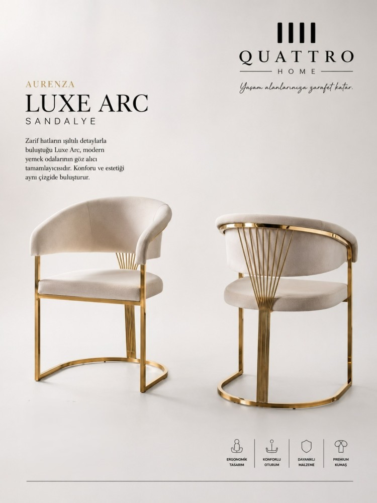 Aurenza Luxe Arc Krem Döşemeli Gold Metal Kollu Sandalye