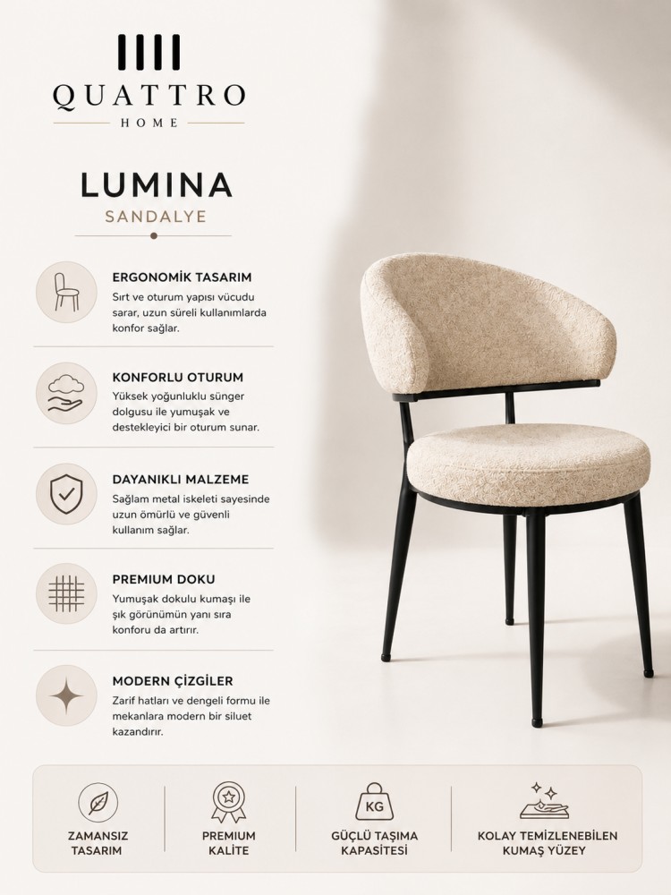 Lumina Krem Bouclé Döşemeli Siyah Metal Ayaklı Sandalye görsel 3