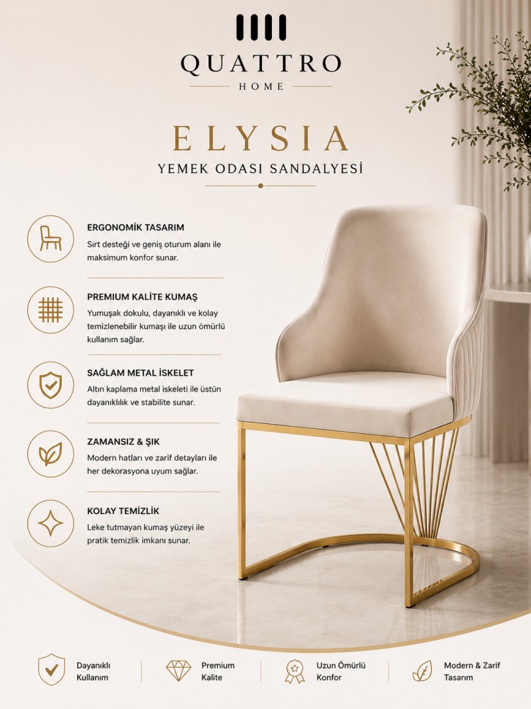 Elysia Krem Döşemeli Gold Metal Ayaklı Yemek Odası Sandalyesi görsel 2