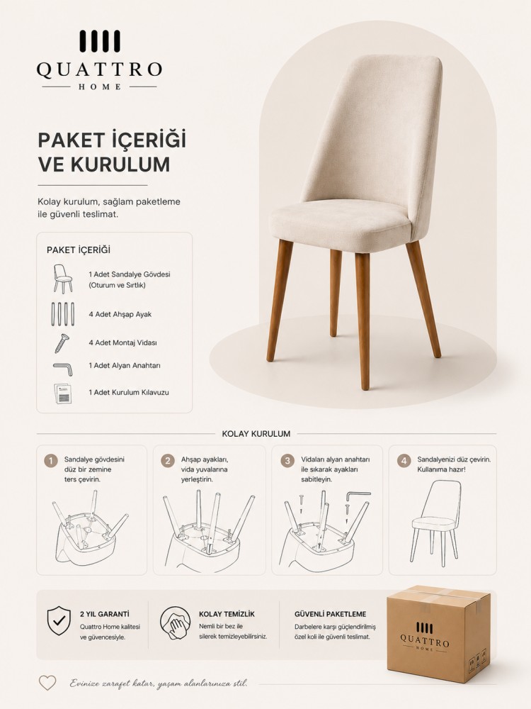 Norte Luna Krem Kumaş Döşemeli Ahşap Ayaklı Yemek Sandalyesi görsel 3
