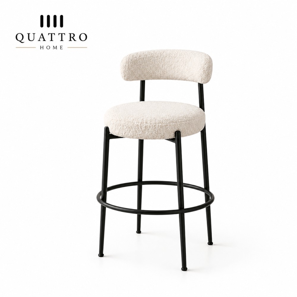 Curvello Krem Bouclé Döşemeli Siyah Metal Bar Sandalyesi