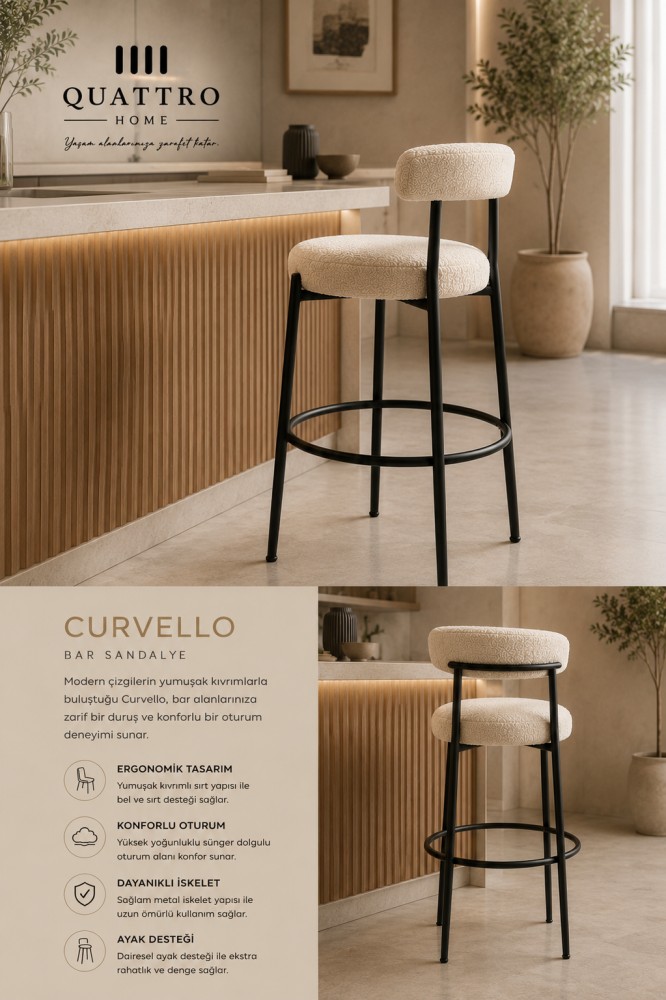 Curvello Krem Bouclé Döşemeli Siyah Metal Bar Sandalyesi görsel 3