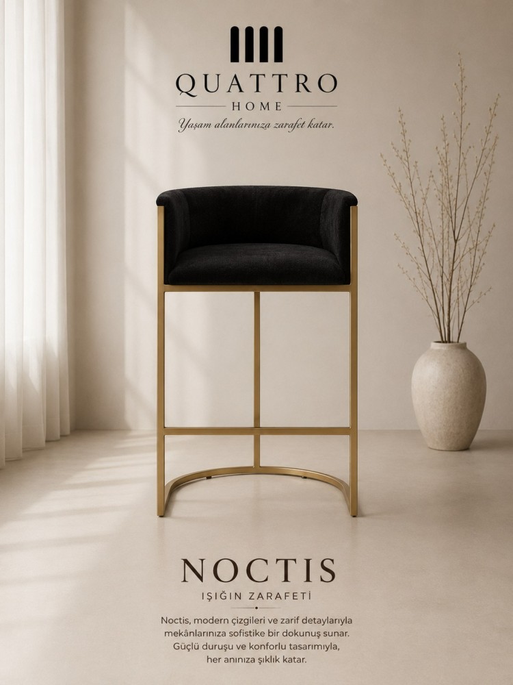 Noctis Siyah Döşemeli Gold Metal Kollu Bar Sandalyesi