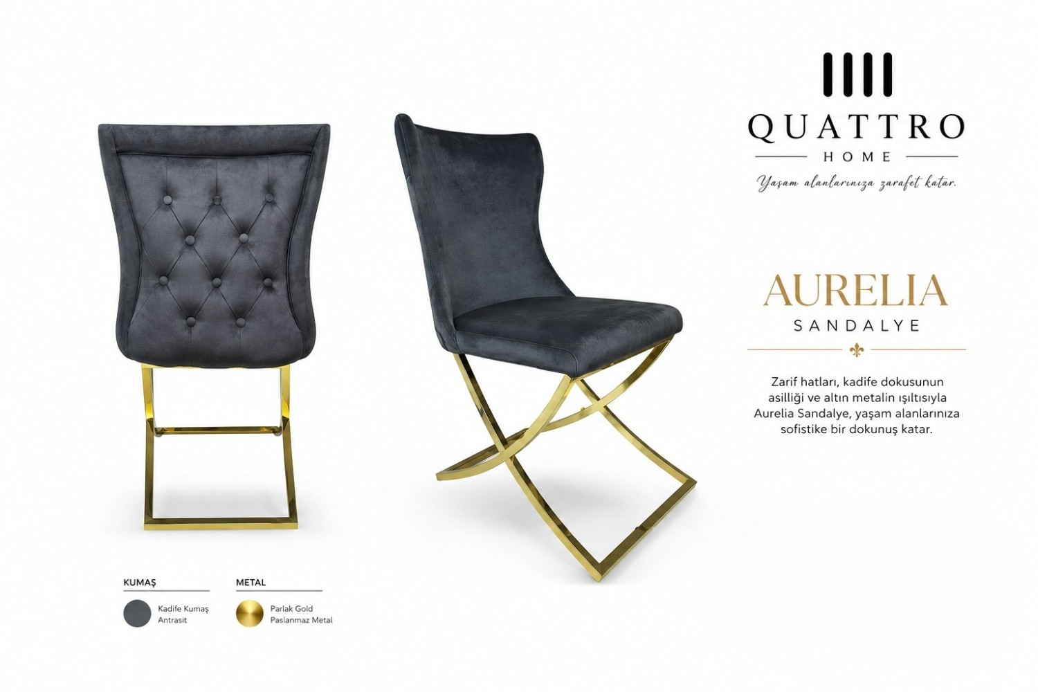 Aurelia Antrasit Kadife Gold Metal Ayaklı Sandalye