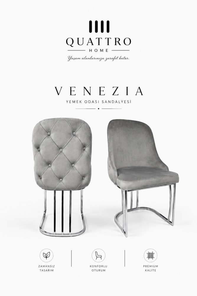 QUATTRO HOME Venezia Kapitoneli Krom Metal Ayaklı Yemek Odası Sandalyesi