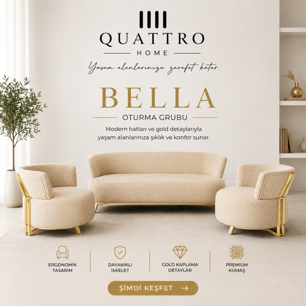 Bella Oturma Grubu Krem Gold Detaylı Premium Kumaş 2+1+1