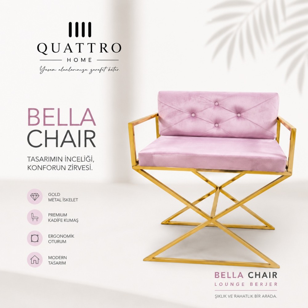 Bella Chair Pembe Kadife Lounge Berjer - Gold Metal İskeletli Modern Koltuk