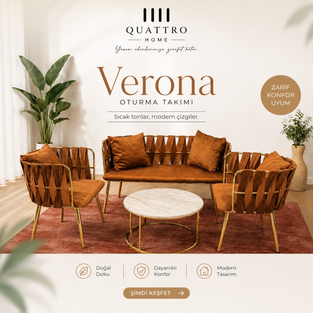 Verona Oturma Takımı Taba Gold Modern Tasarım 2+1+1