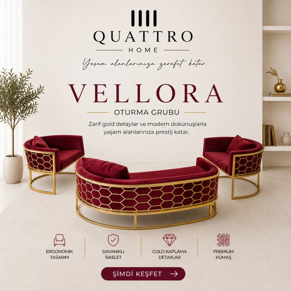 Vellora Bordo Gold Detaylı Oturma Grubu - Premium Kumaş Modern Salon Takımı