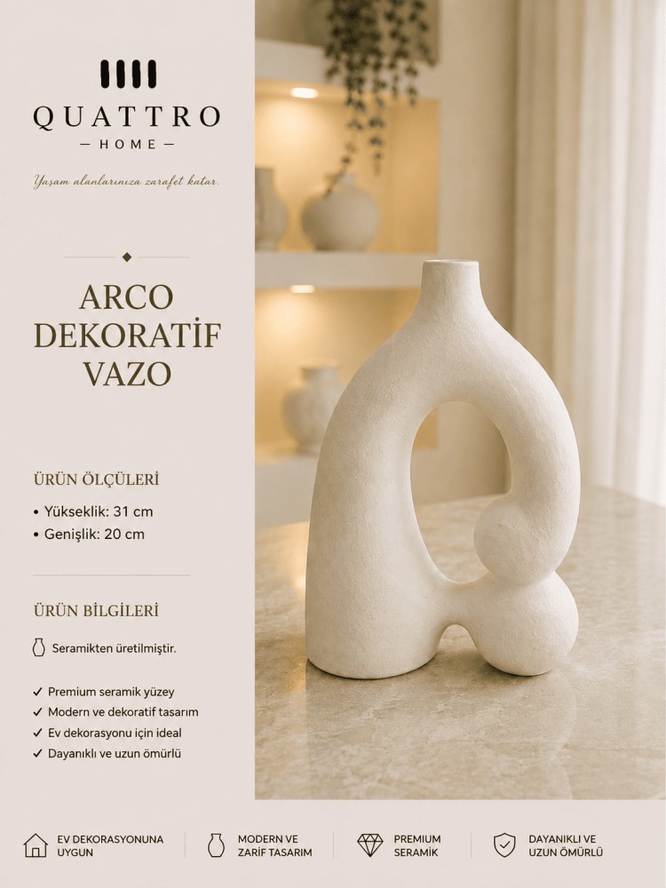 Arco Beyaz Modern Seramik Dekoratif Vazo  – Minimal Salon ve Konsol Aksesuarı