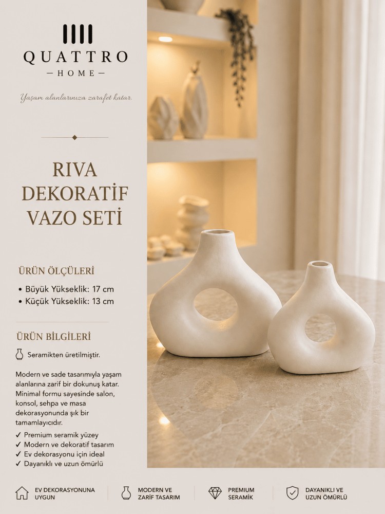 Riva 2’li Beyaz Seramik Dekoratif Vazo Seti – Modern Minimal Tasarım
