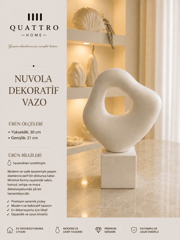 Nuvola Beyaz Soyut Form Seramik Dekoratif Vaz – Kaideli Modern Dekor Objesi
