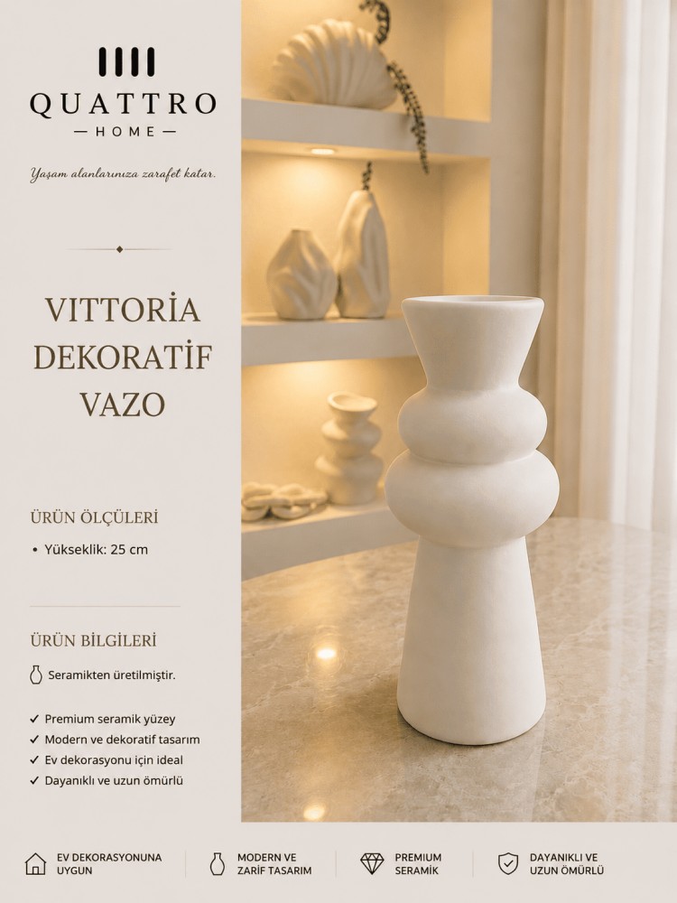 Vittoria Beyaz Modern Seramik Dekoratif Vazo – Dalgalı Form Salon Aksesuarı
