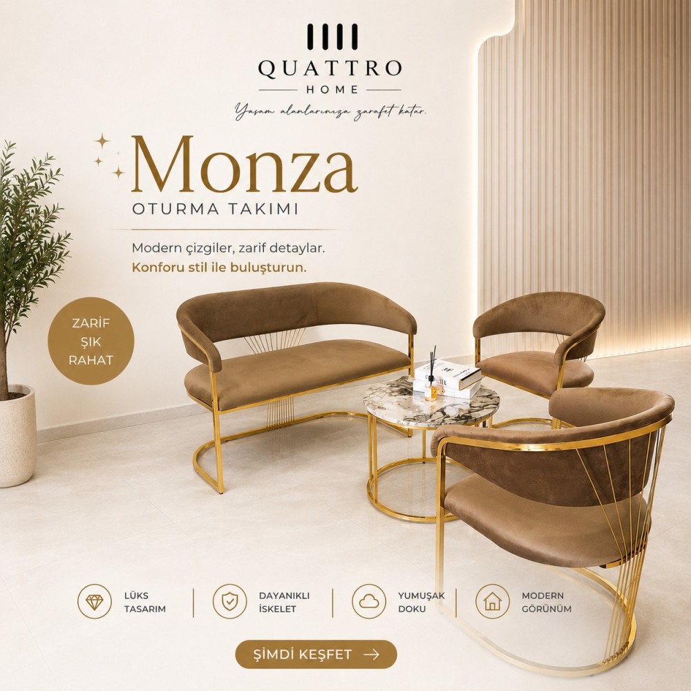 Monza Oturma Takımı Kahverengi Gold Lüks Tasarım 2+1+1