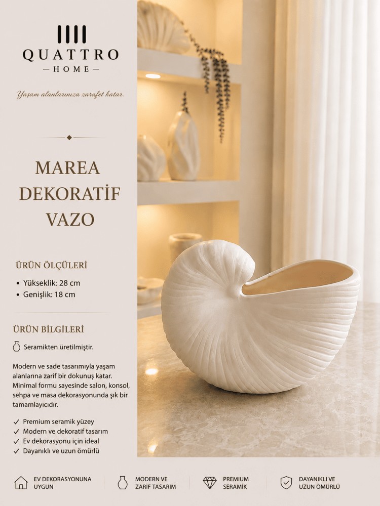 Marea Beyaz Deniz Kabuğu Formlu Seramik Dekoratif Vazo – Modern Salon Objesi
