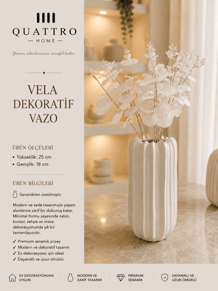 Vela Beyaz Oluklu Seramik Dekoratif Vazo – Modern Çiçeklik ve Salon Aksesuarı