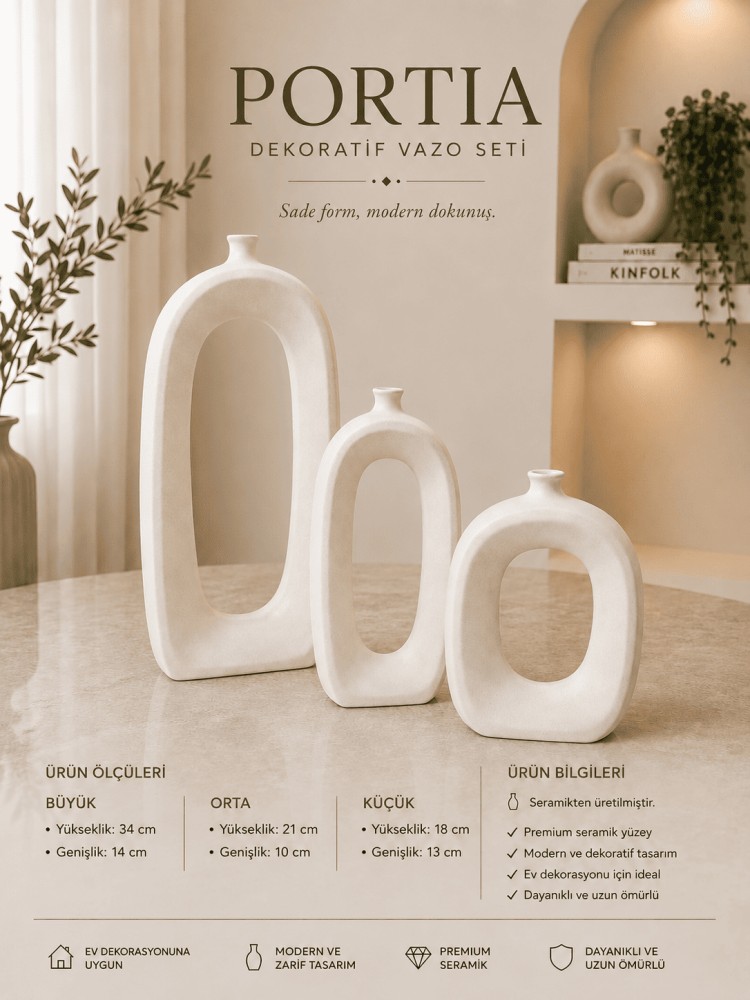 Portia 3’lü Beyaz Seramik Dekoratif Vazo Seti – Modern Oval Boşluklu Salon Aksesuarı