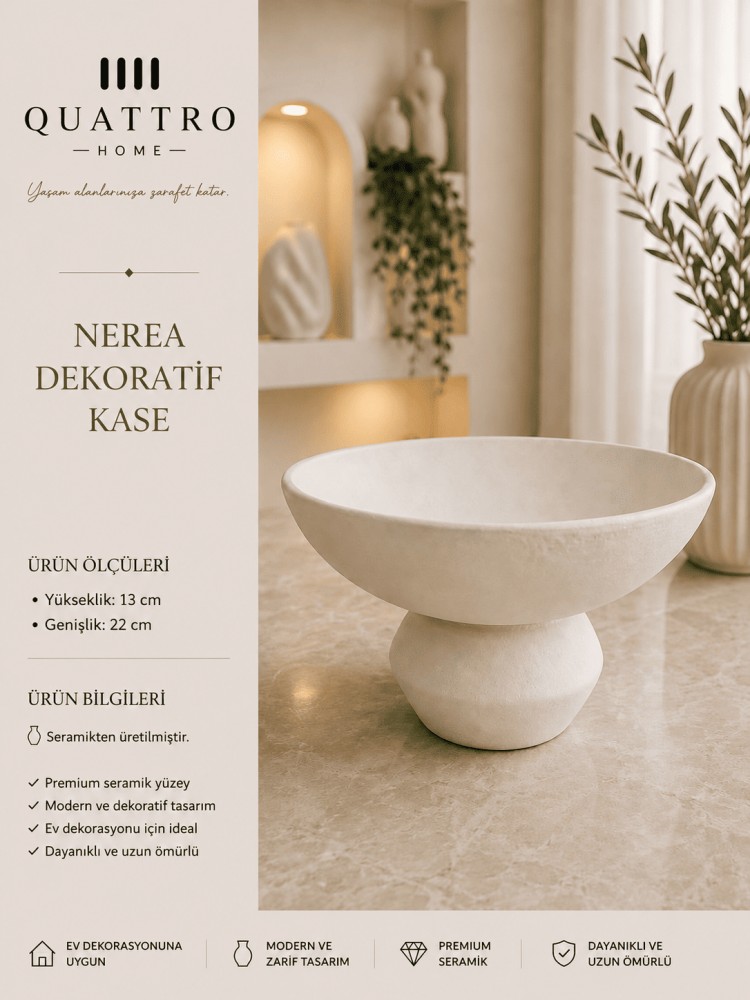 Nerea Beyaz Ayaklı Seramik Dekoratif Kase – Modern Konsol ve Masa Aksesuarı