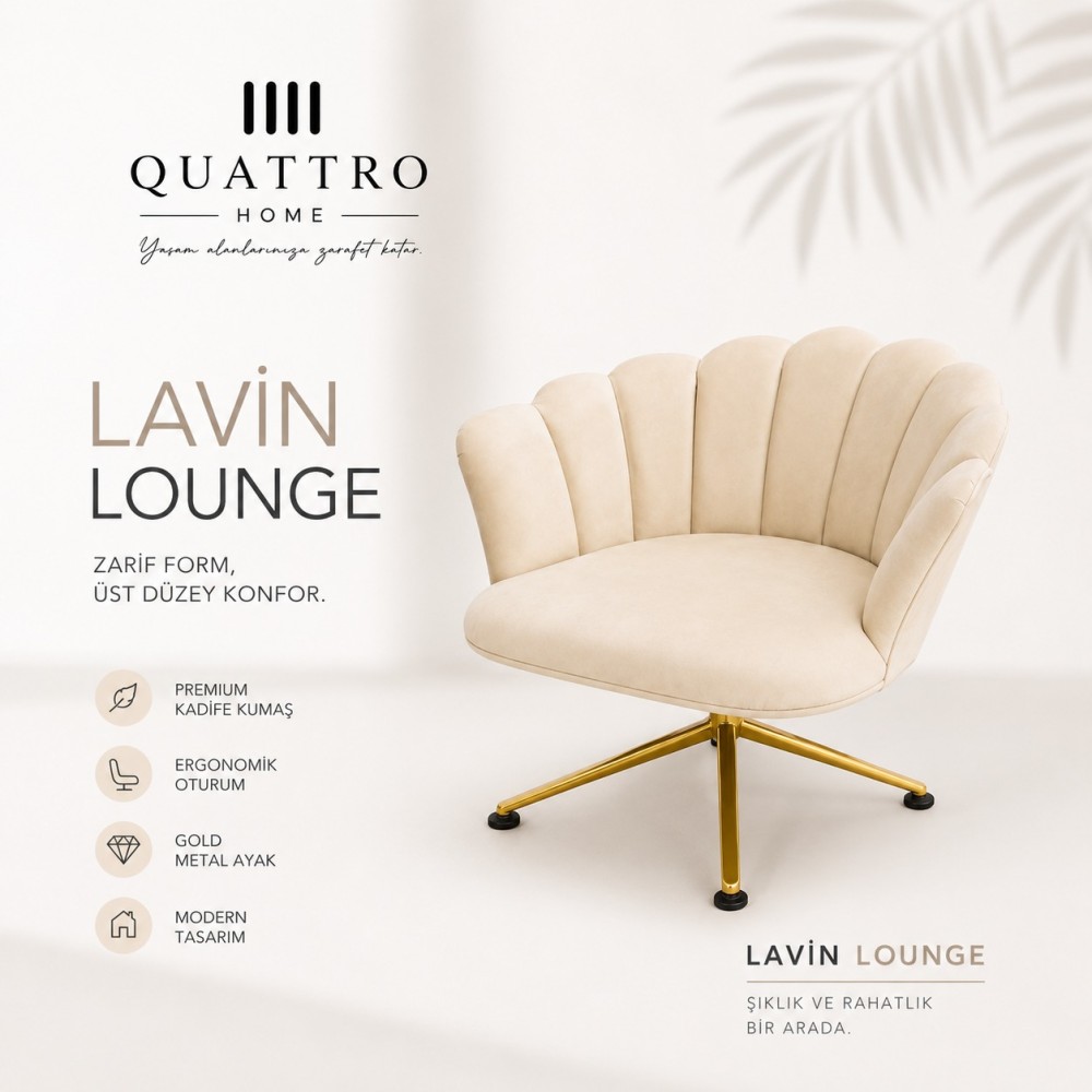 Lavin Lounge Krem Kadife Berjer - Gold Metal Ayaklı Modern Lounge Koltuk