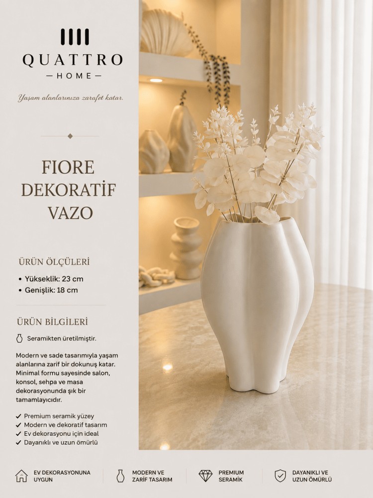 Fiore Beyaz Organik Form Seramik Dekoratif Vazo– Modern Çiçeklik ve Salon Objesi