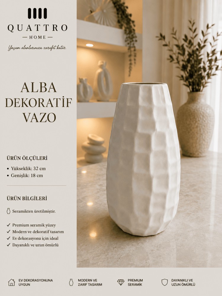 Alba Beyaz Dokulu Seramik Dekoratif Vazo – Modern Büyük Boy Salon Aksesuarı