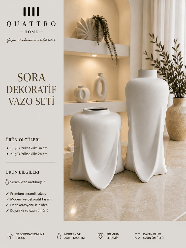 Sora 2’li Beyaz Seramik Dekoratif Vazo Seti– Modern Organik Form